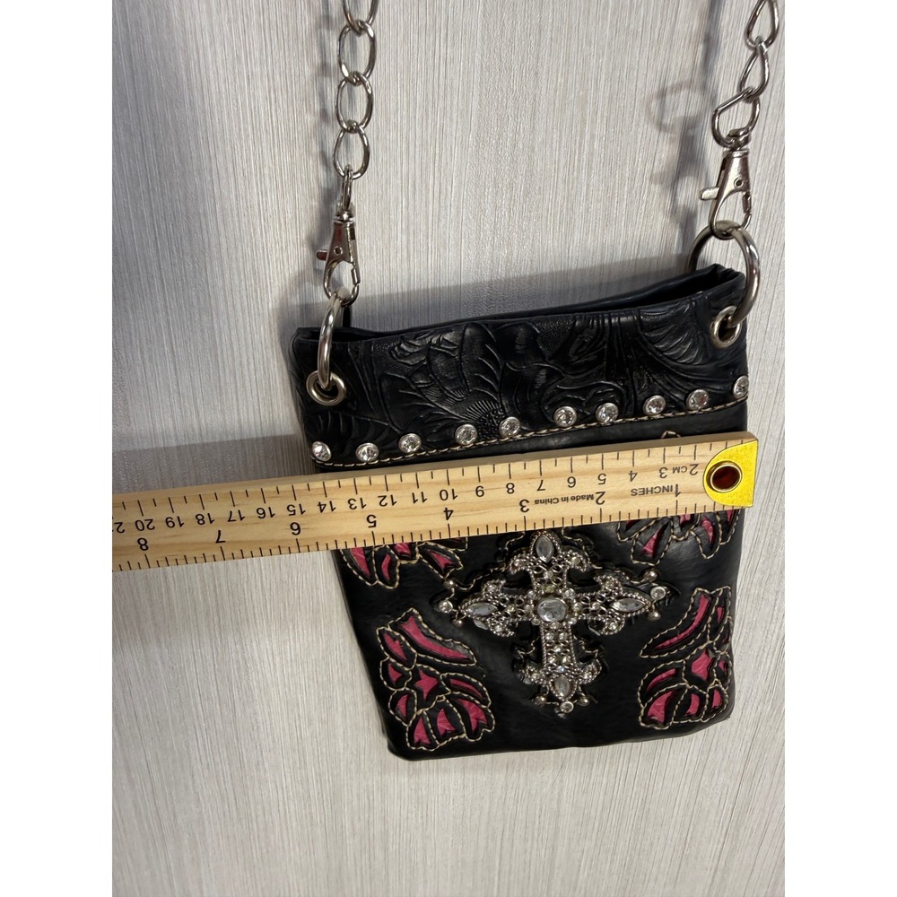 Western Black Pink Floral Cross Rhinestone Crossbody Phone Bag Chain Strap - Picture 4 of 14